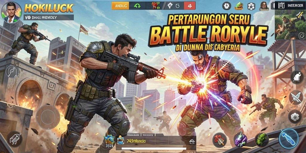 Gameplay HOKILUCK menampilkan aksi battle royale yang mendebarkan.