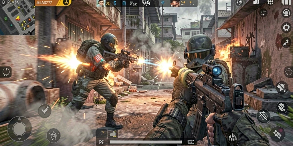 Tampilan gameplay menegangkan di JELAS777 dengan aksi tembak-menembak.