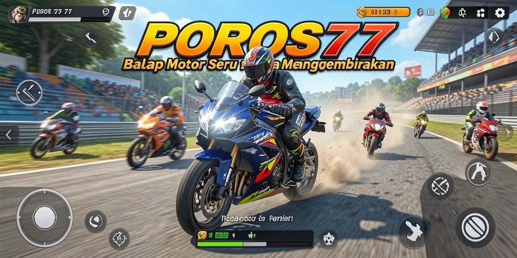 Screenshot gameplay POROS77 menampilkan aksi balapan motor yang intens dan mendebarkan.