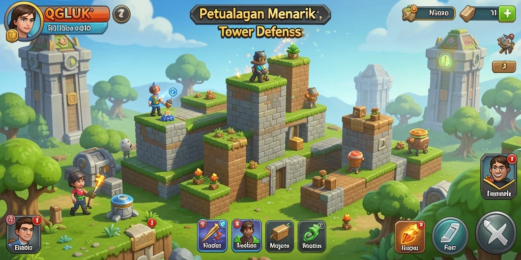 Tampilan gameplay menarik dari QGLUCK Tower Defense.