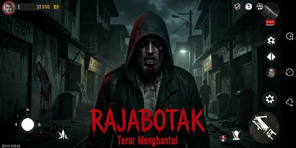 Tampilan gameplay RAJABOTAK yang menegangkan dengan suasana horror yang kental.