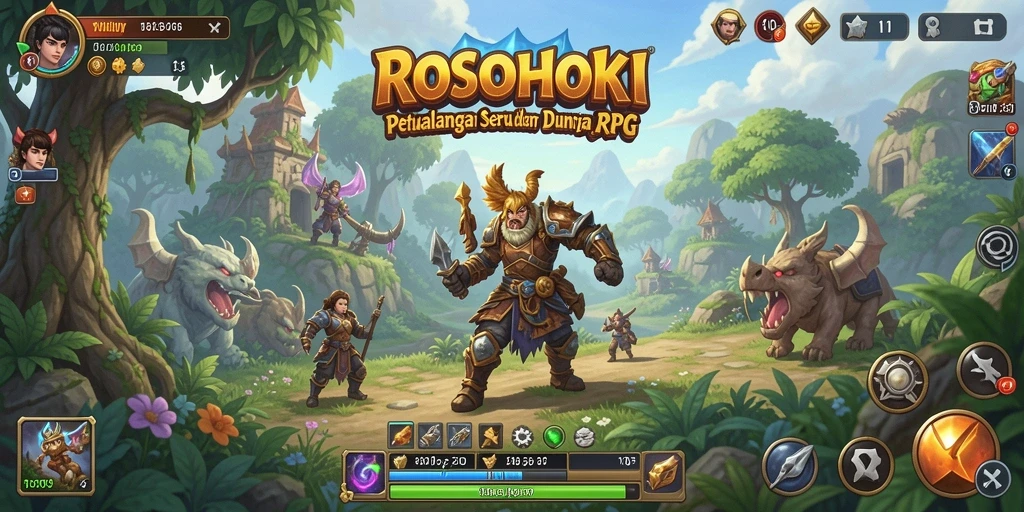 Tangkapan layar utama ROSOHOKI menampilkan aksi RPG yang epik.