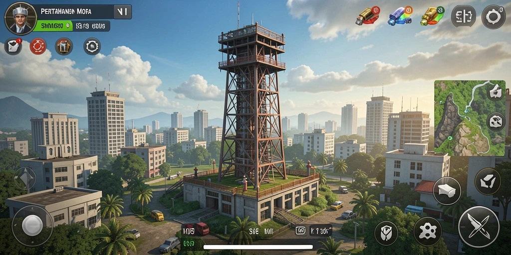 Screenshot gameplay SM605 yang menampilkan pertahanan menara yang strategis.